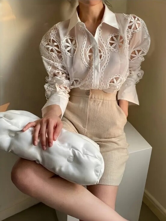 Tops - Spring/Summer Sexy Sheer Hollow-Out Shirt, Elegant Embroidered Top